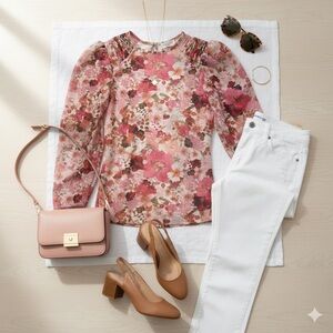 Ted Baker London Pink Floral Sheer Blouse Pleated Shoulder Top Size 1 US 2-4